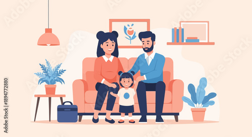 A family of three sits on a sofa in a room with plants and decor