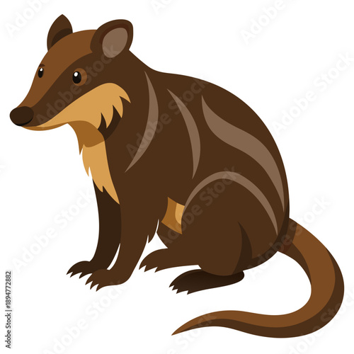 a numbat featuring brown fur with lighter tan striping patterns, a pointed snout, small rounded ears, a long bushy tail, and a sitting posture, rendered in a flat, modern graphic design style.