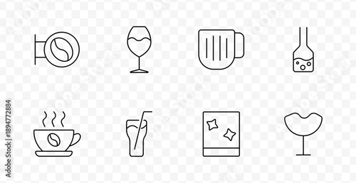 Beverage set icon. Coffee signboard, wine glass, beer mug, boba drink, coffee cup, iced drink, drink packet, cocktail glass outlined with thin lines on transparent background.