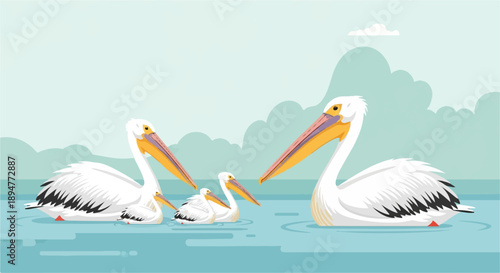 A family of white pelicans swim together in calm blue water