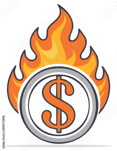 Burning dollar sign coin in flames financial crisis or inflation concept illustration