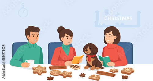 A family with a dog enjoys Christmas treats and reading books