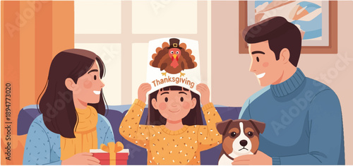 A family with a dog celebrates Thanksgiving indoors