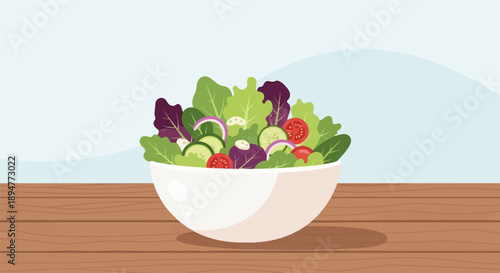 A fresh, healthy salad in a white bowl sits on a wooden table