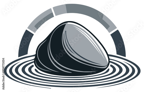 Smooth dark stone on rippling water with a graphic arc and segmented circle above
