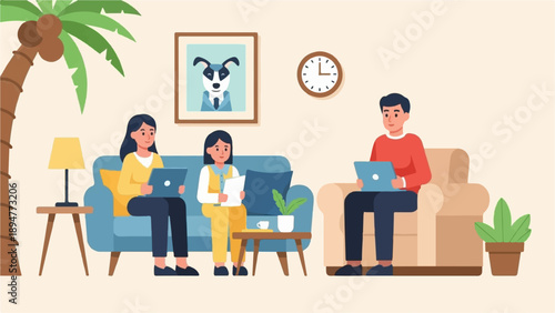 A family works on laptops in a living room with a palm tree