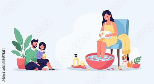 A father and daughter relax while a woman enjoys a foot bath with a dog nearby