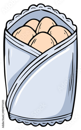 Food wrapped in a light blue paper with a scalloped edge holding small buns