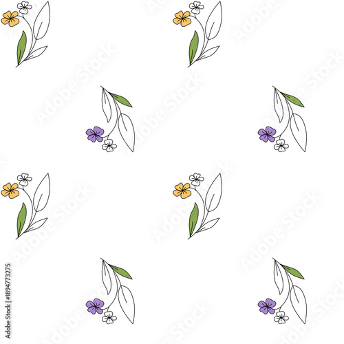 Seamless pattern featuring hand drawn botanical branches with small flowers and leaves on a clean white background. 