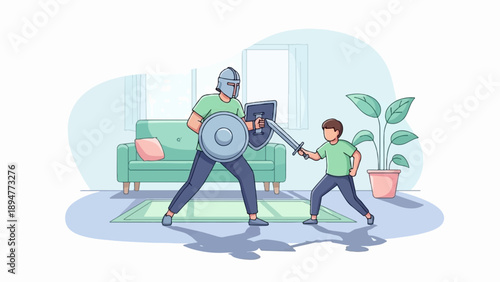 A father and son playfully sword fight in their living room