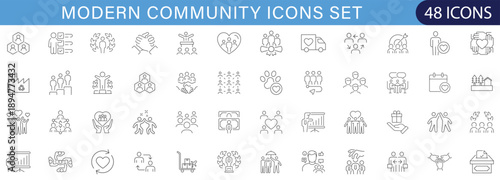 Modern community icon set showing social interaction, teamwork, leadership, support, diversity, justice, communication and public services. Suitable for apps, websites, dashboards and presentations.