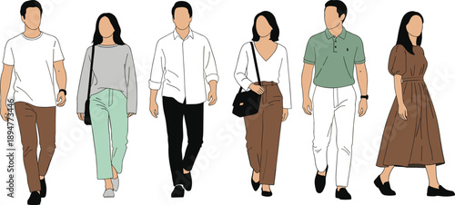 Casual people walking illustration, modern men and women fashion outfits, everyday lifestyle concept, urban street style, flat vector characters design collection art