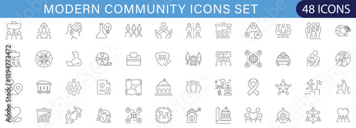 Modern community icon set showing social interaction, teamwork, leadership, support, diversity, justice, communication and public services. Suitable for apps, websites, dashboards and presentations.