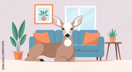A fawn rests comfortably inside a cozy living room on a light-colored floor