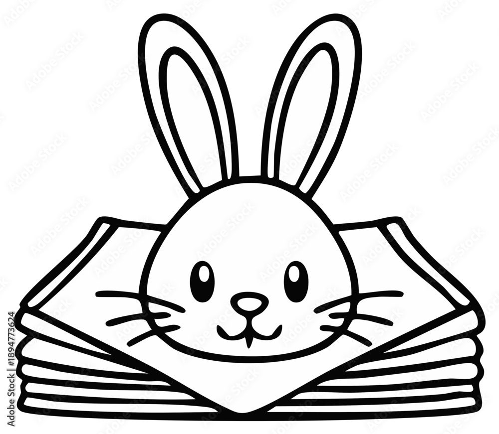 Obraz premium Cute Bunny Holding Stack of Paper Sheets, Black and White Drawing