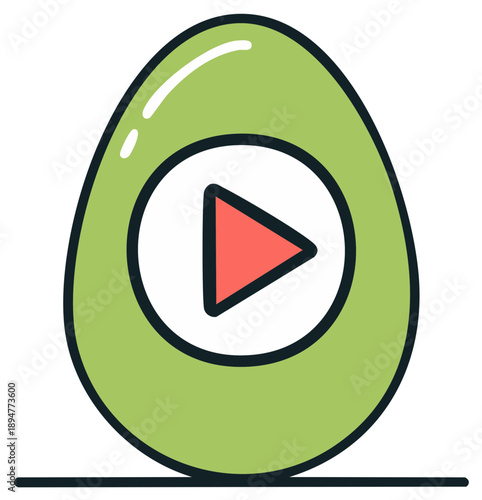 Green egg shape with red play button icon, representing video content, media, or starting a project