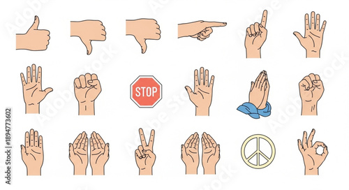 Collection of Hand Gestures and Symbols in Cartoon Style.