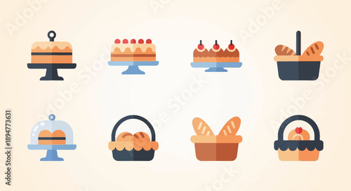 A collection of baked goods, including cakes and bread in baskets