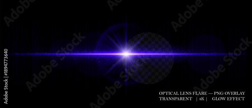 Optical horizontal lens flare with soft reflections, glowing orbs, and radiant beam. Great for digital overlays, photo lighting, and sci-fi design projects.