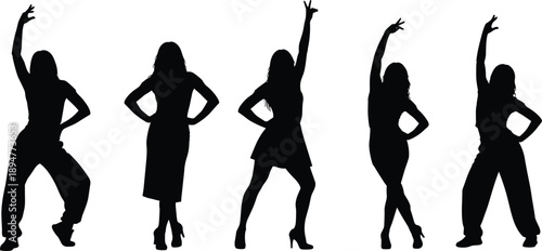 Dancing women silhouettes illustration, female dance poses with raised arms, stylish movement concept, nightlife performance, confident body expression vector collection
