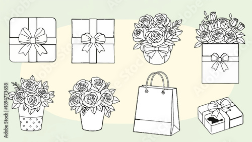 A collection of black and white line drawings of gifts and floral arrangements