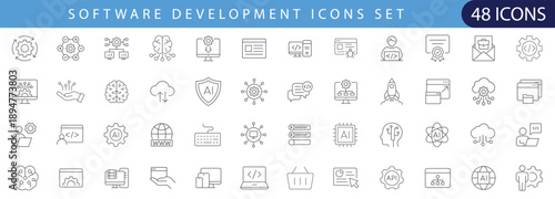 Editable line icon set for software development, coding, programming, web and app technology. Perfect for UI, UX, websites, dashboards, presentations and mobile apps.