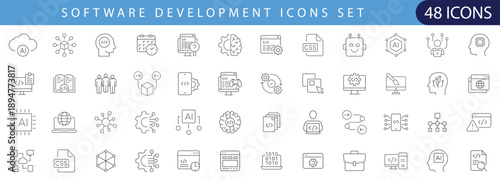 Editable line icon set for software development, coding, programming, web and app technology. Perfect for UI, UX, websites, dashboards, presentations and mobile apps.