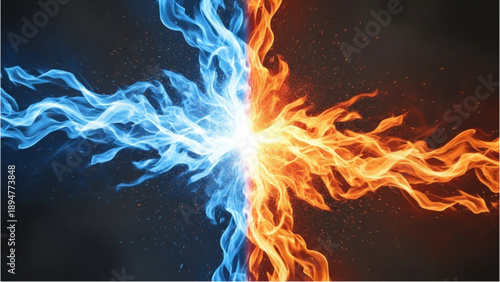 Clashing blue and orange flames in a dramatic explosion viewed from a frontal perspective