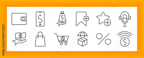 Digital shopping set icon. Wallet, phone, coin bag, bookmark, star, headset, cash, cart, umbrella, box, percentage, wireless signal shown in outline.
