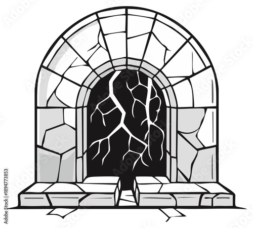 Broken Stone Archway with Cracks Vector Illustration of Ruined Architecture