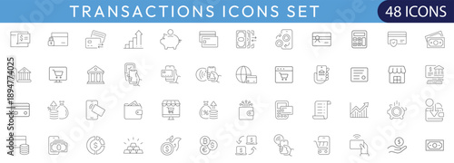 Outline style transaction icons set covering digital payment, banking, money transfer, finance, wallet, card, invoice, tax, and secure online commerce concepts.