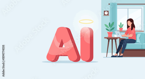3D "AI" letters with halo and woman working on laptop