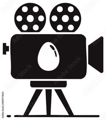 Humorous Film Camera Silhouette Featuring Egg, Entertainment Icon Vector