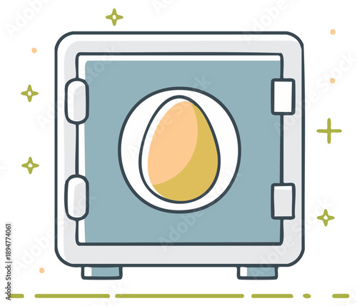 Stylized metal safe with an oval shaped treasure in its door emphasizing concepts of security protection and valuable contents, flat vector design