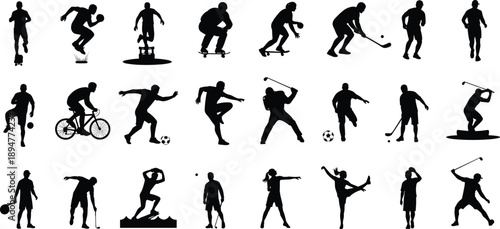 Multi sport athlete silhouette vector set, dynamic action poses for football basketball cycling skating golf hockey, fitness sports illustration isolated on white