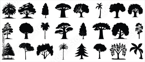 Black tree silhouettes featuring forest and nature shapes for landscape, environmental and graphic design projects.