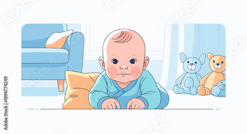 A baby lies on the floor with pillows and stuffed animals around