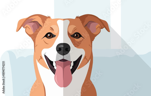 A friendly dog with its tongue out, sitting on a couch