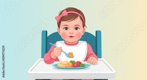 A baby girl in a pink outfit and bow eats from a fork at a high chair