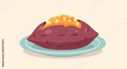 A baked sweet potato topped with yellow sauce and crumbs, served on a plate