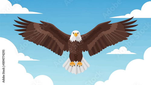 A bald eagle soars majestically through a bright blue sky with fluffy clouds