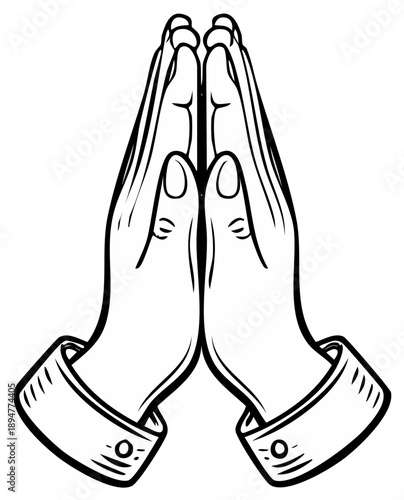 Stylized line drawing of two hands clasped together in prayer or greeting.