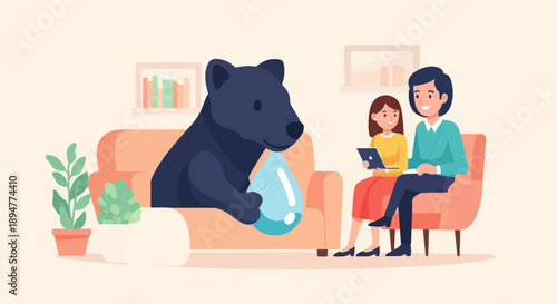 A bear holds a water droplet on a couch with two people using a laptop