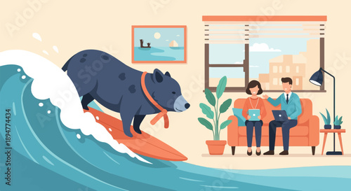 A bear surfs a wave indoors while people work on laptops on a sofa