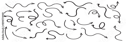 Hand Drawn Arrow Doodles Collection. Set of black hand drawn arrows in sketch style, showing directions, movement, flow and navigation concepts on white background.

