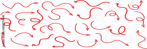Hand Drawn Arrow Doodles Collection. Set of red hand drawn arrows in sketch style, showing directions, movement, flow and navigation concepts on white background.

