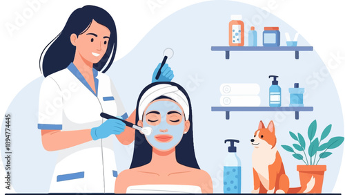 A beautician applies a facial mask to a client in a serene spa setting