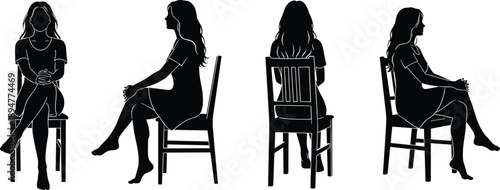 Seated woman silhouettes illustration, female sitting poses on chair, front side back views, elegant posture study, minimalist black vector design