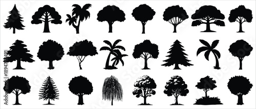 Black tree silhouettes featuring forest and nature shapes for landscape, environmental and graphic design projects.