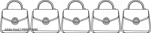 Set of five elegant female handbag icons, linear vector illustration of fashion accessories, isolated black outline bags for shopping, retail, and lifestyle design